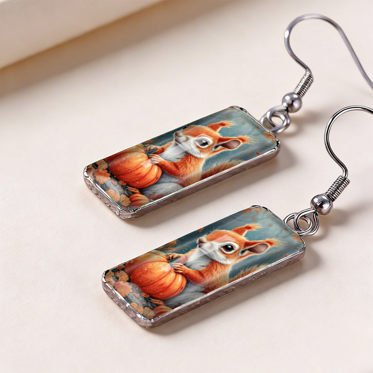 Women's Fluffy Red Squirrel & Pumpkin Autumn Earrings